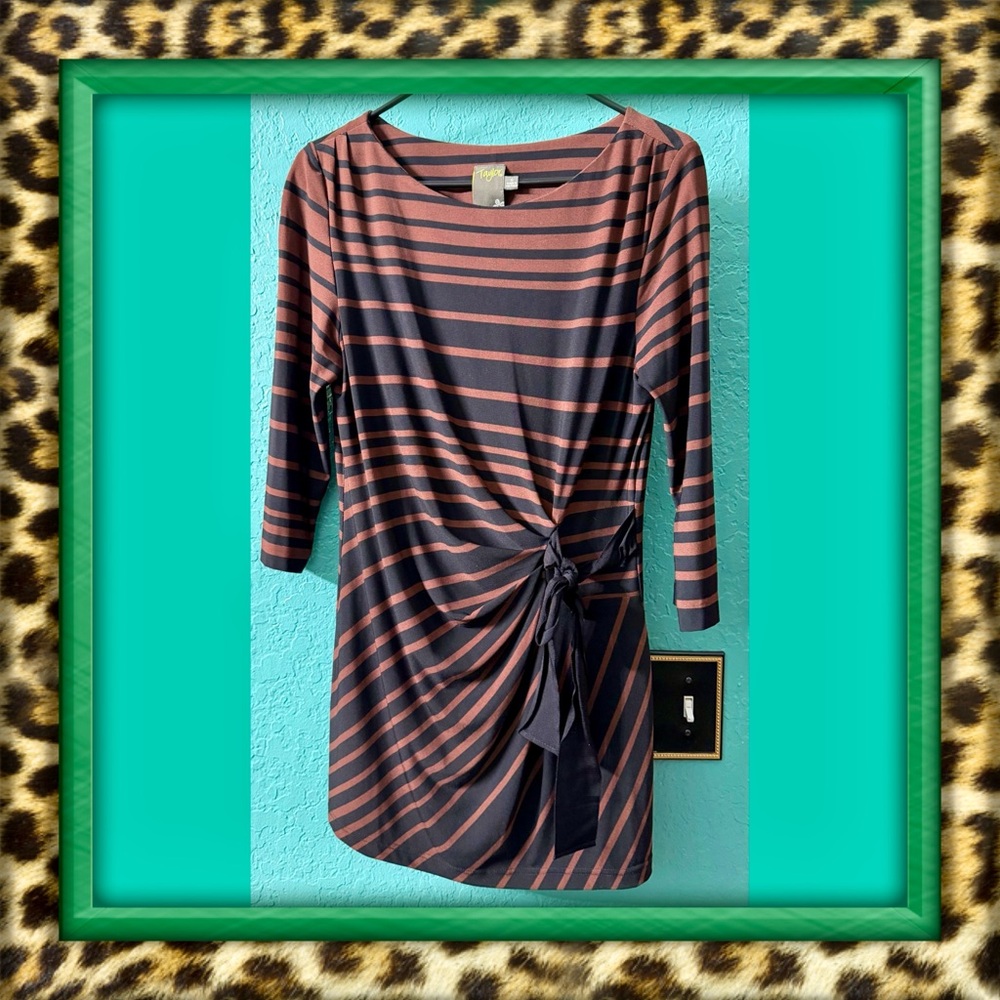 👑✅PRICE FIRM✅ Black and Brown Striped Tunic Wrap Mini Dress